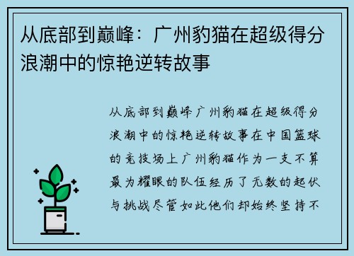 从底部到巅峰：广州豹猫在超级得分浪潮中的惊艳逆转故事