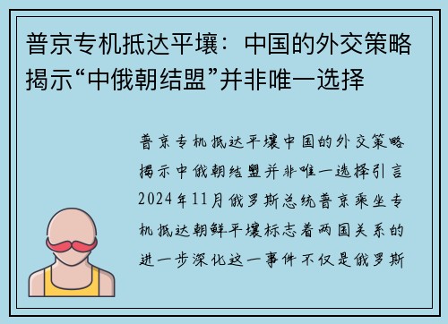 普京专机抵达平壤：中国的外交策略揭示“中俄朝结盟”并非唯一选择