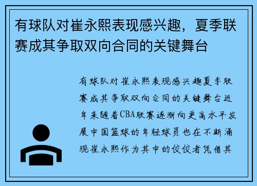 有球队对崔永熙表现感兴趣，夏季联赛成其争取双向合同的关键舞台