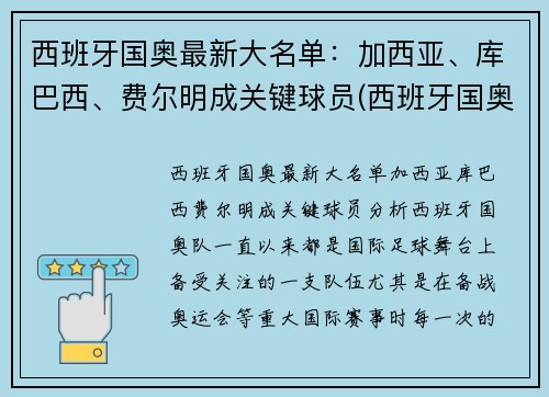 西班牙国奥最新大名单：加西亚、库巴西、费尔明成关键球员(西班牙国奥队门将)